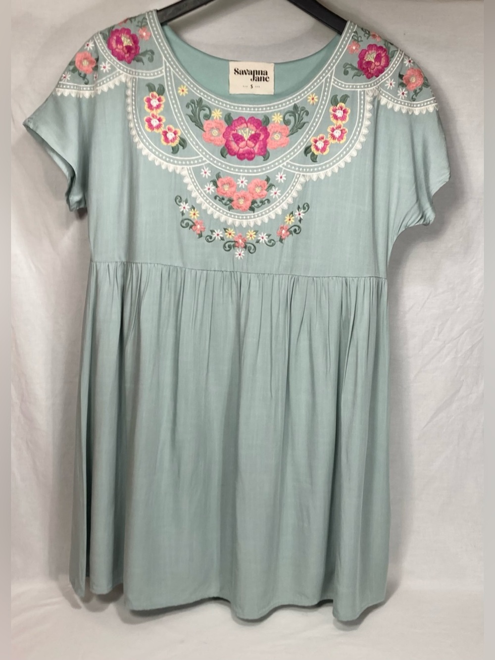 Savanna Jane Mint Dress with Pink Floral Embroidery